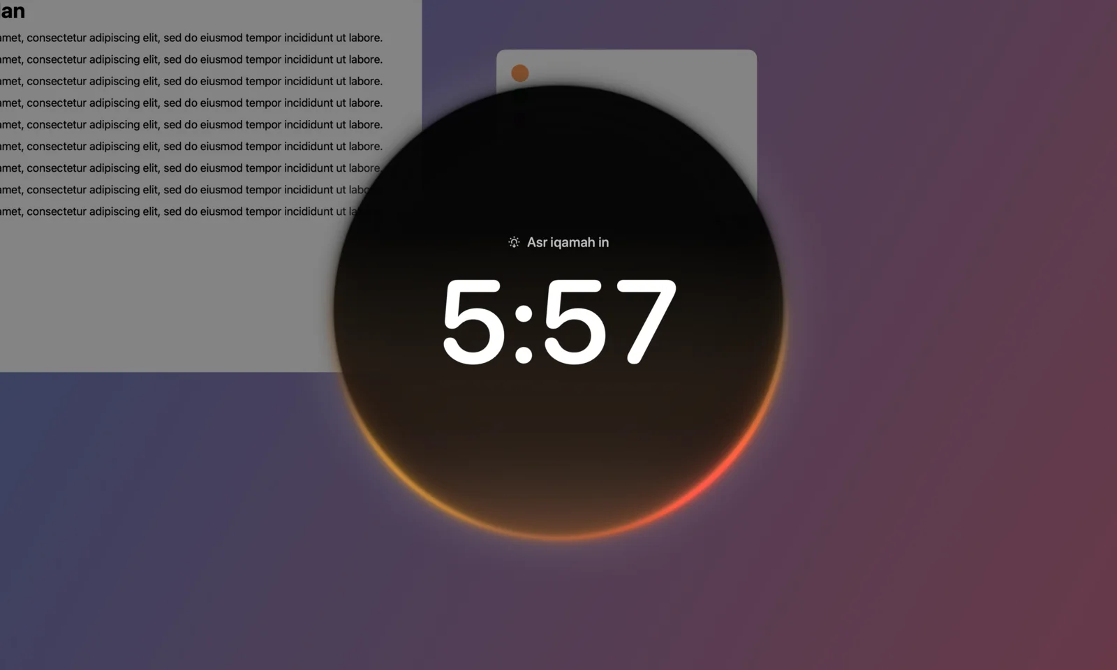 The full-screen iqamah countdown, a glowing circle over a dimmed desktop