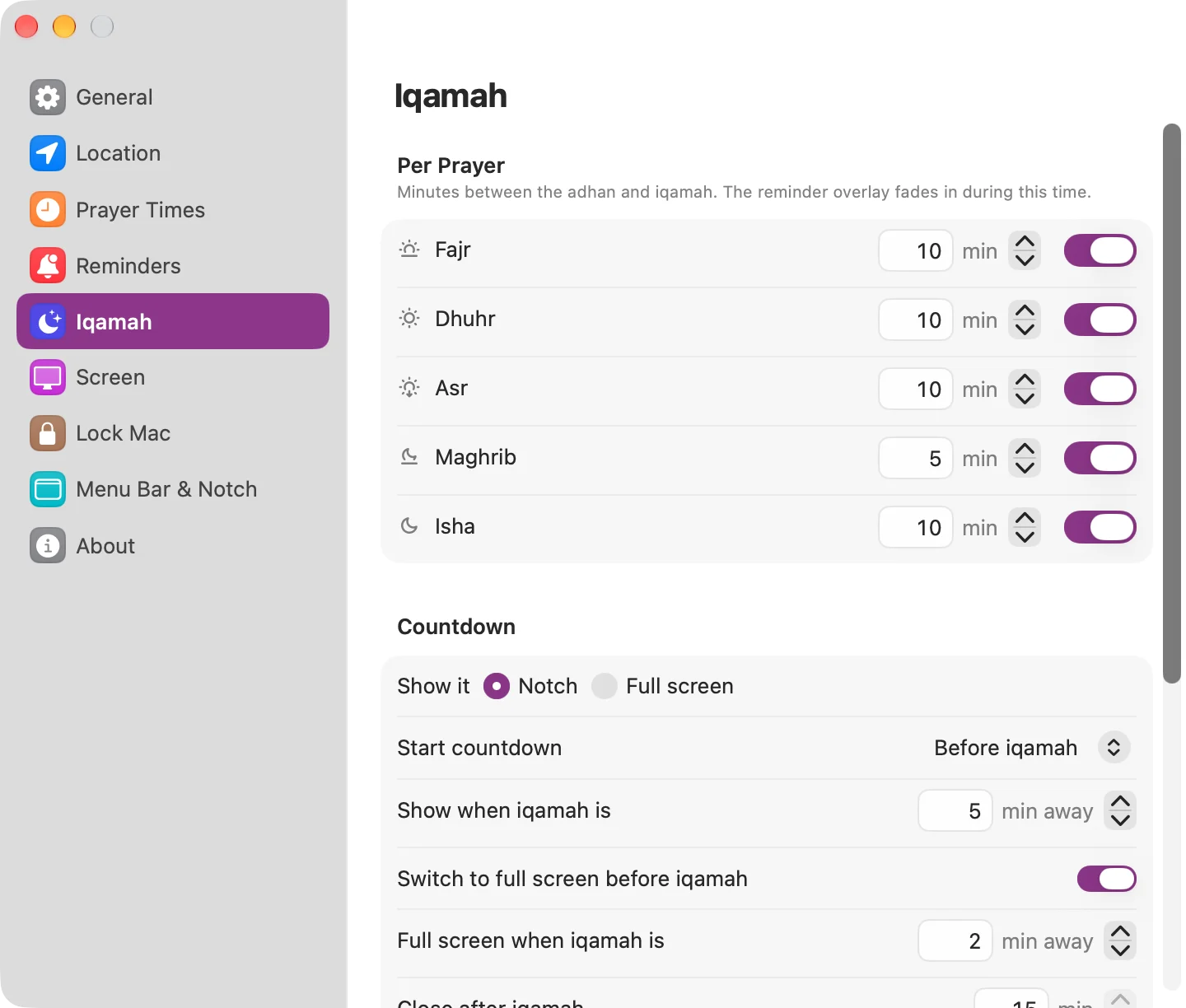 Walasr’s Iqamah settings: minutes per prayer and countdown options